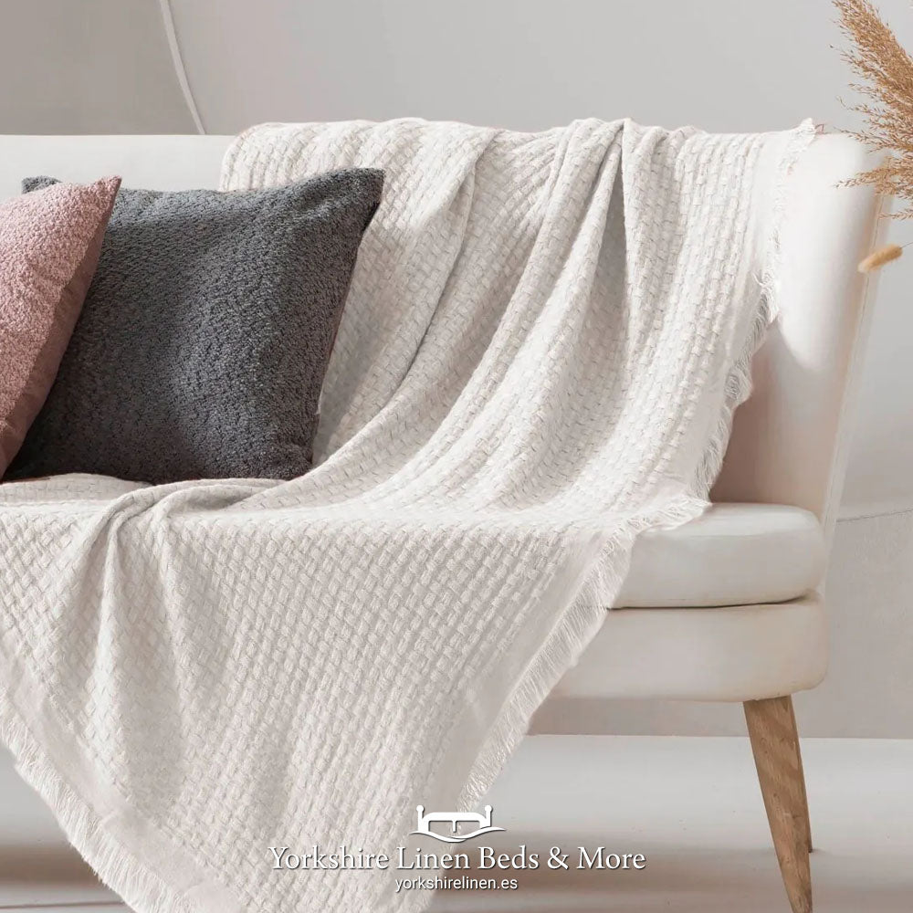 Ava Fringed Throw, White - Throws & Bedspreads - Yorkshire Linen Beds & More