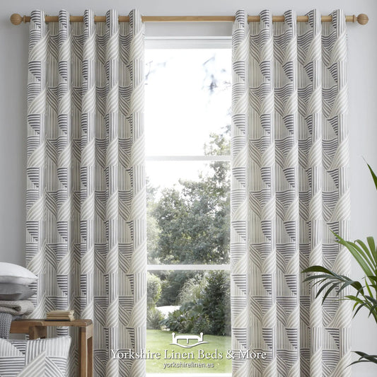 Campbell Geometric Ring Top Curtains, Natural - Curtains & Voiles - Yorkshire Linen Beds & More