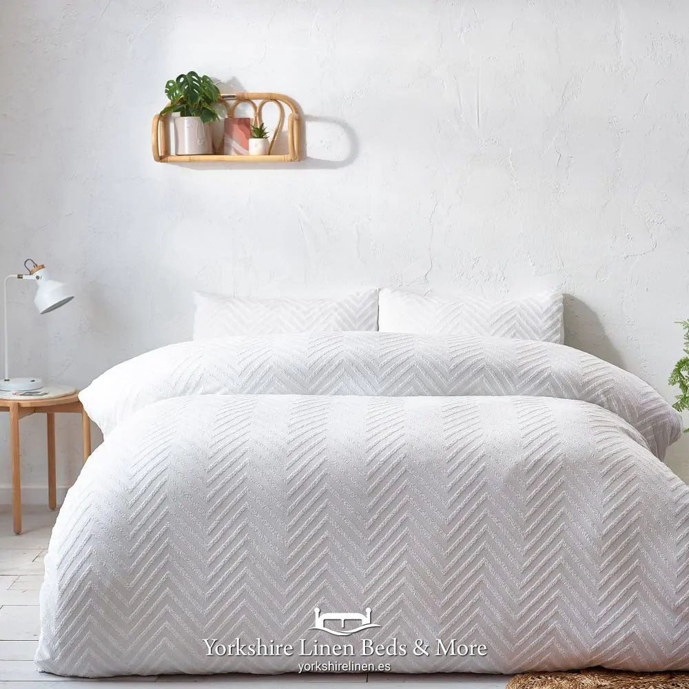 Chevron Tufted 100% Cotton Duvet Cover Set, White - Duvet Covers & Sets - Yorkshire Linen Beds & More, Mijas & Marbella