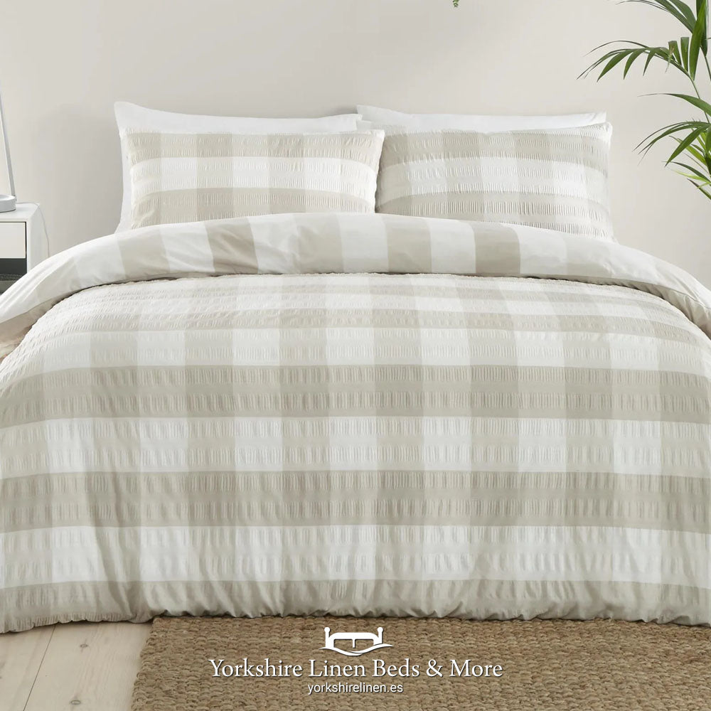 Gingham Check Seersucker Duvet Set, Beige - Duvet Covers & Sets - Yorkshire Linen Beds & More