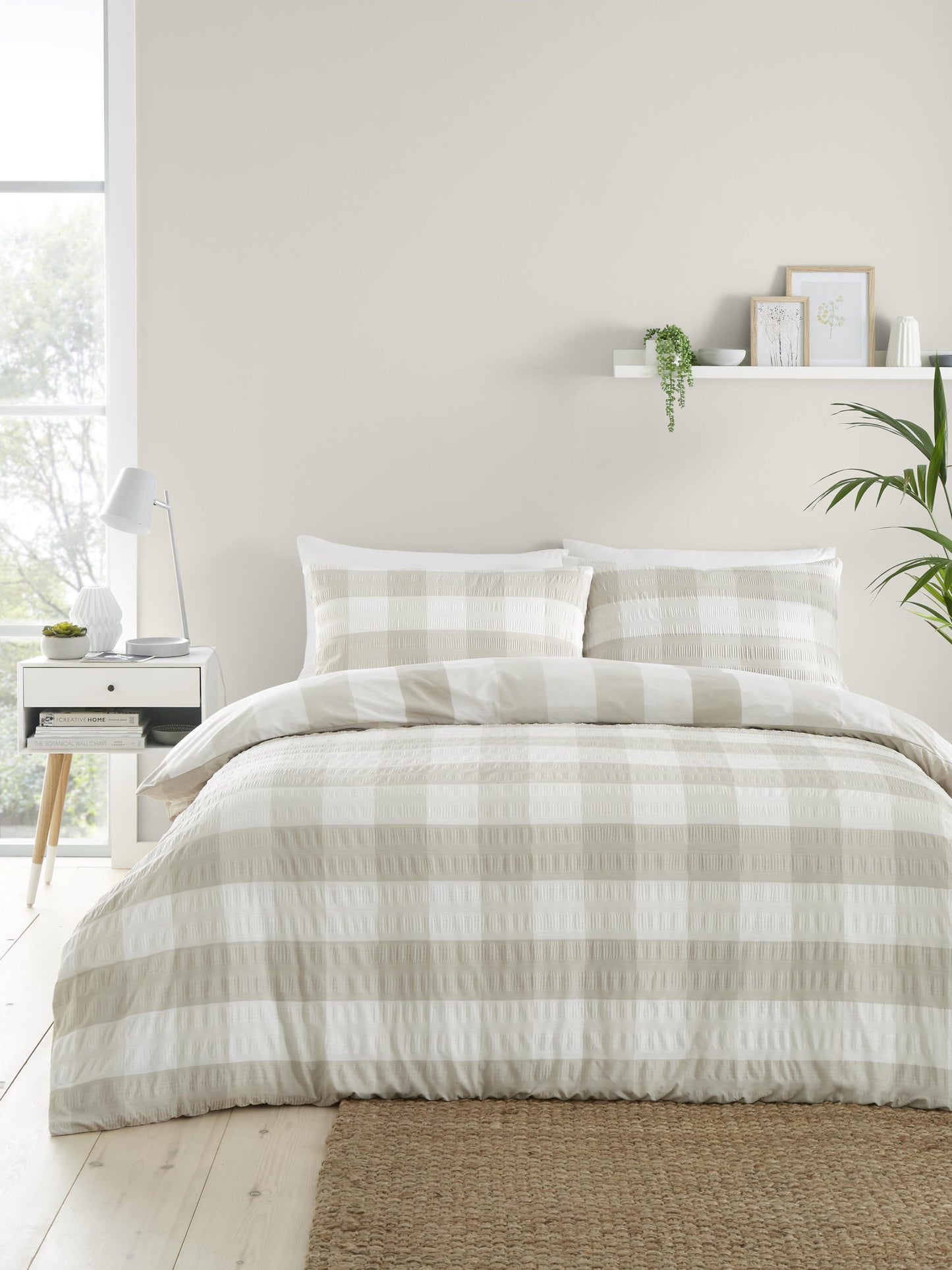 Gingham Check Seersucker Duvet Set, Beige. SALE