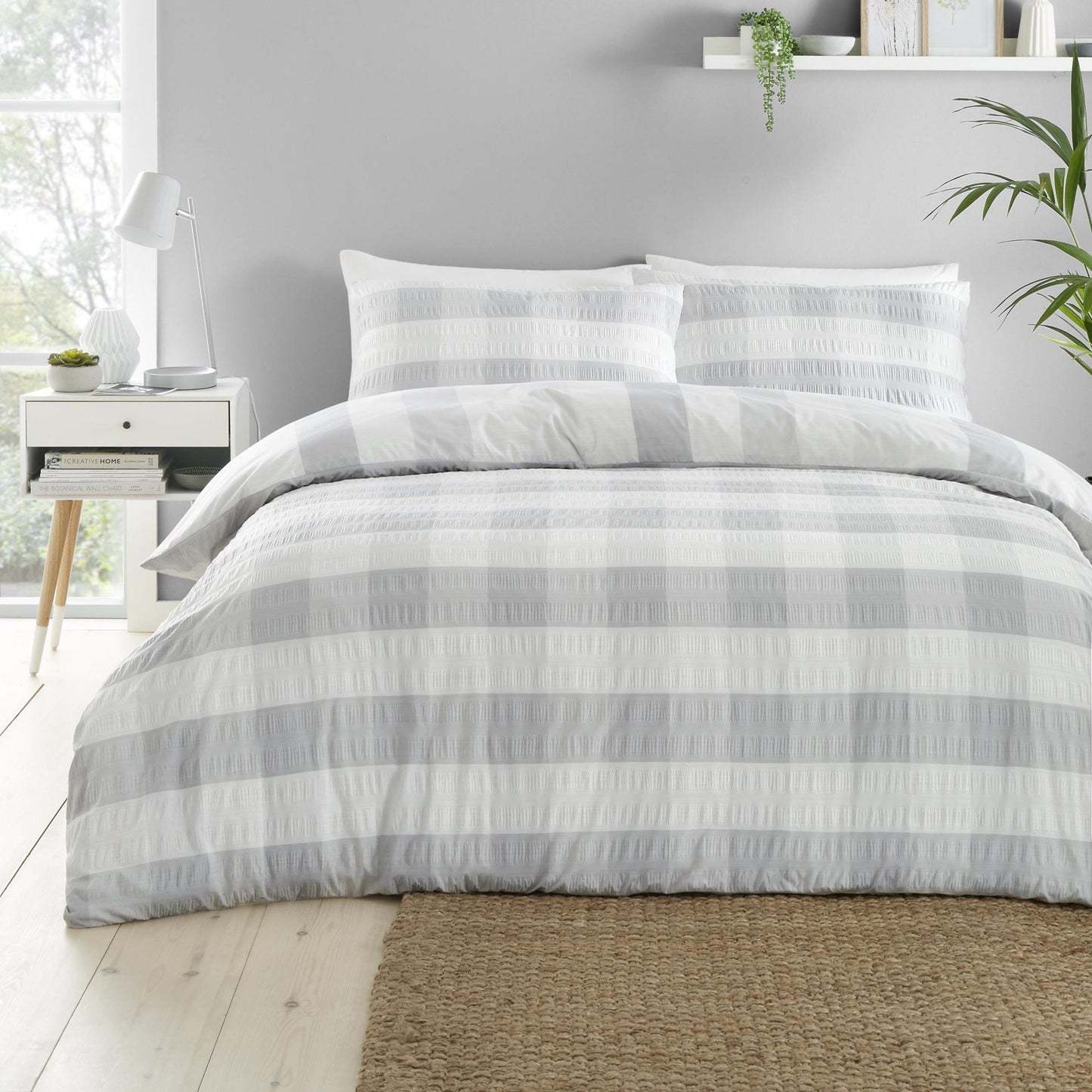 Gingham Check Seersucker Duvet Set, Silver.SALE