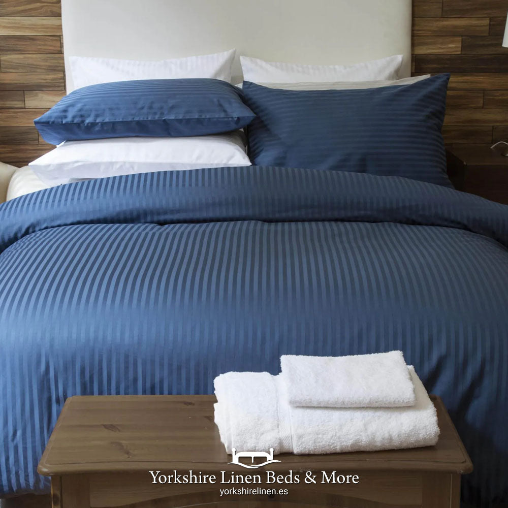 Hotel Stripe Navy Flat Sheets 540 Thread Count - Sheets & Pillowcases - Yorkshire Linen Beds & More