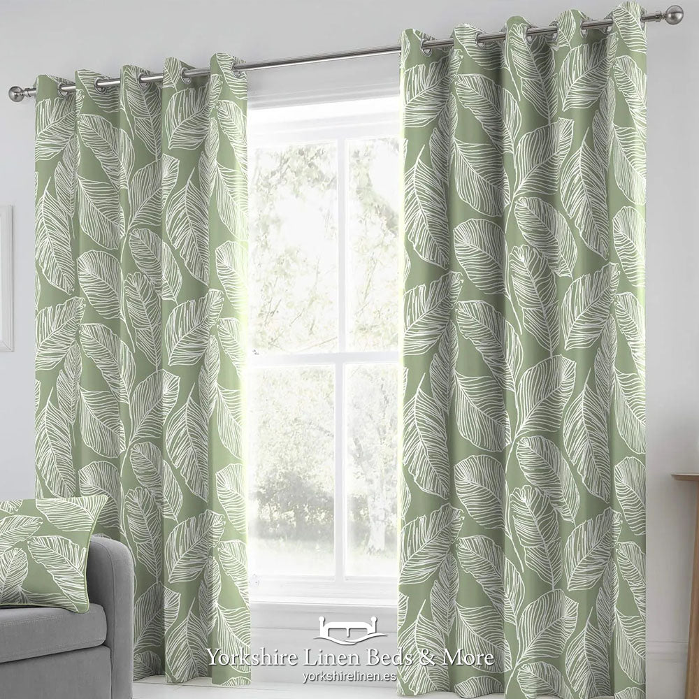 Mateus Scandi Leaf Eyelet Curtains, Green - Curtains & Voiles - Yorkshire Linen Beds & More