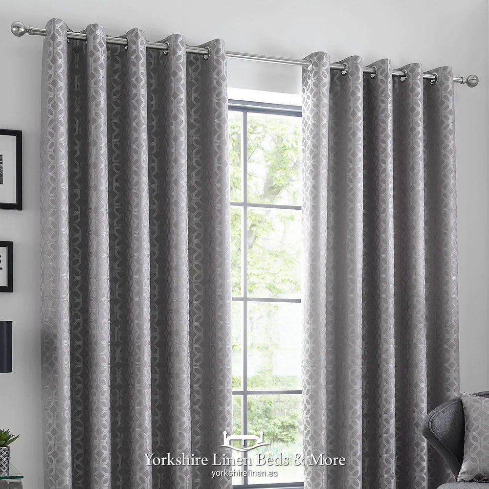 Oriental Squares Ring Top Curtains, Silver - Curtains & Voiles - Yorkshire Linen Beds & More