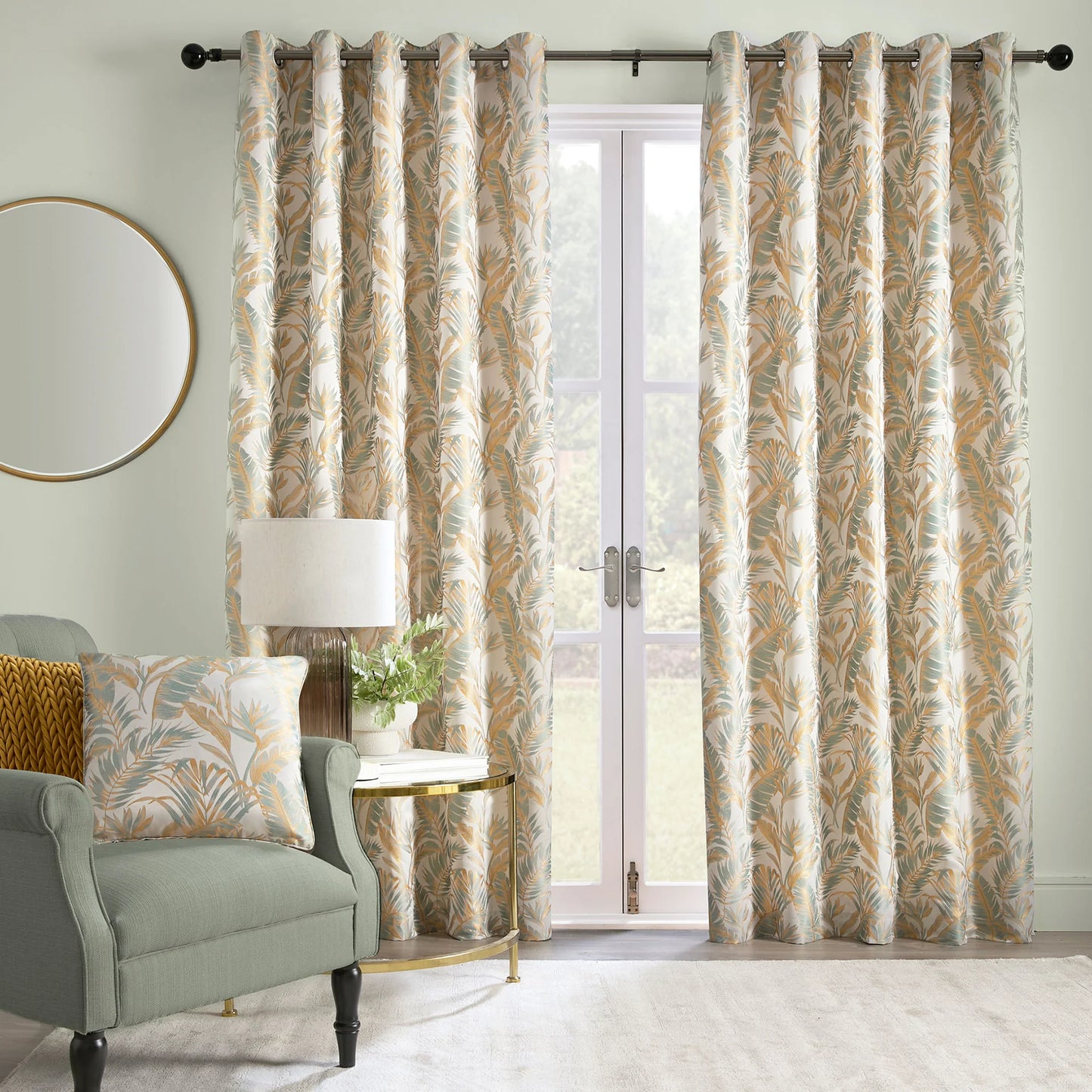 Paradise Palm Eyelet Curtains, Duck Egg & Gold SALE