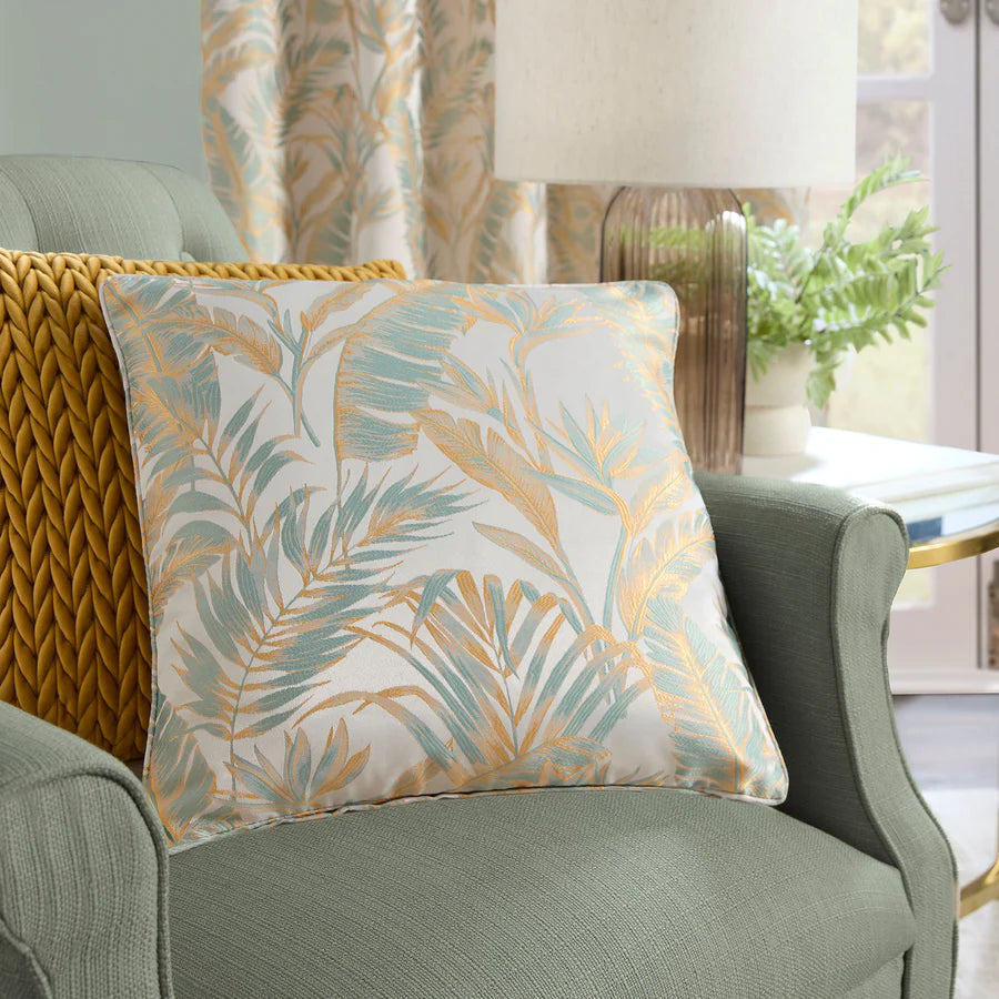 Paradise Palm Eyelet Curtains, Duck Egg & Gold SALE