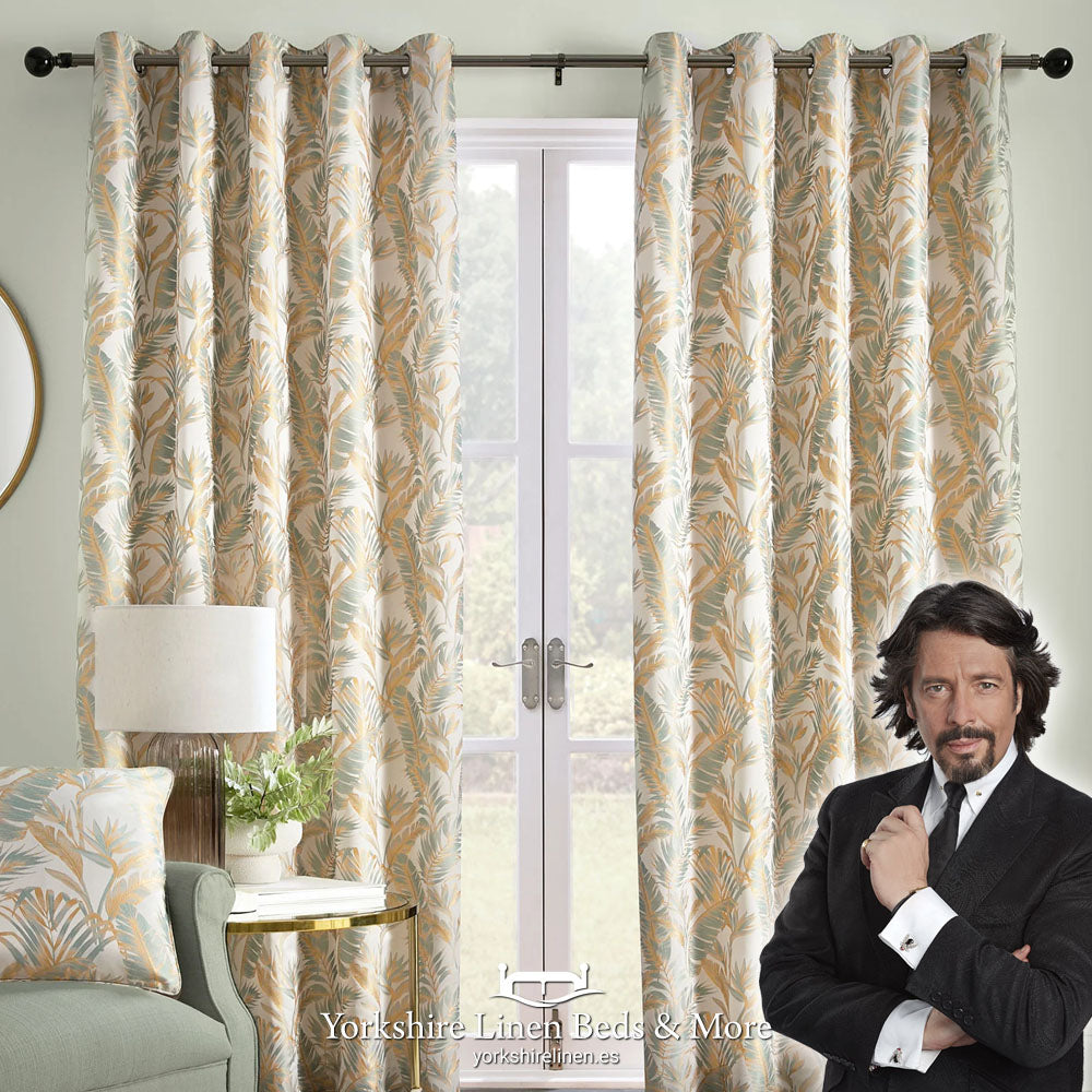 Paradise Palm Eyelet Curtains, Duck Egg & Gold - Curtains & Voiles - Yorkshire Linen Beds & More