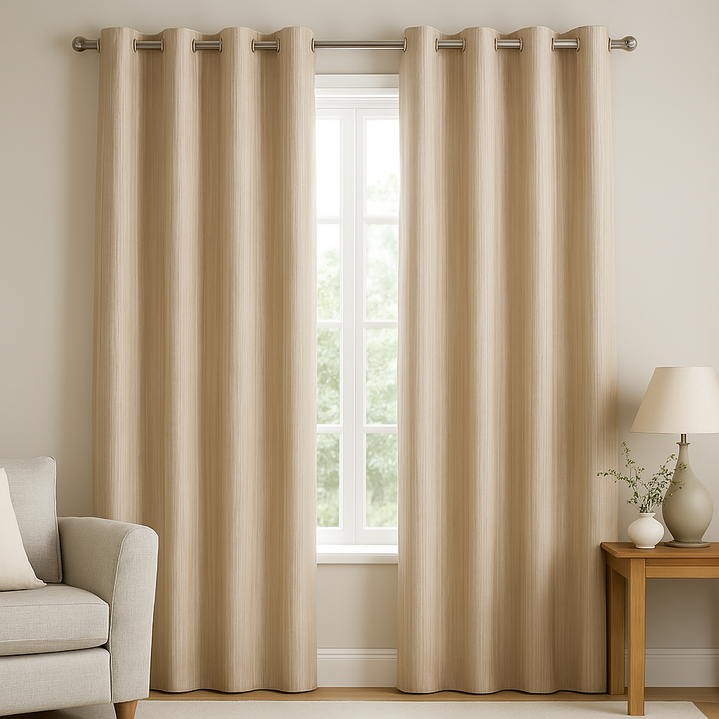 A cozy living room with soft beige curtains framing a large window, showcasing elegant window dressing in a bright, modern home.