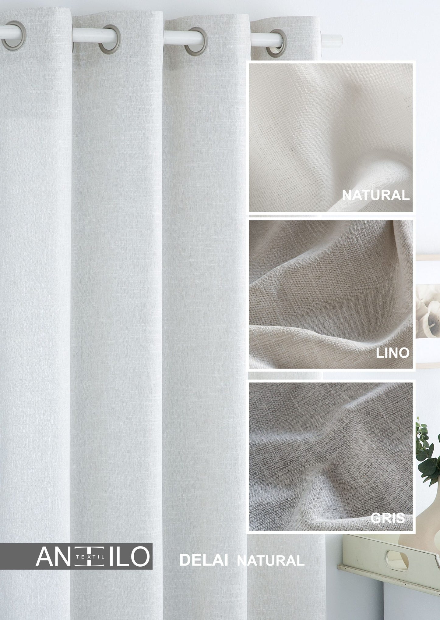 Delai Linen Style Eyelet Voile Panels, Natural