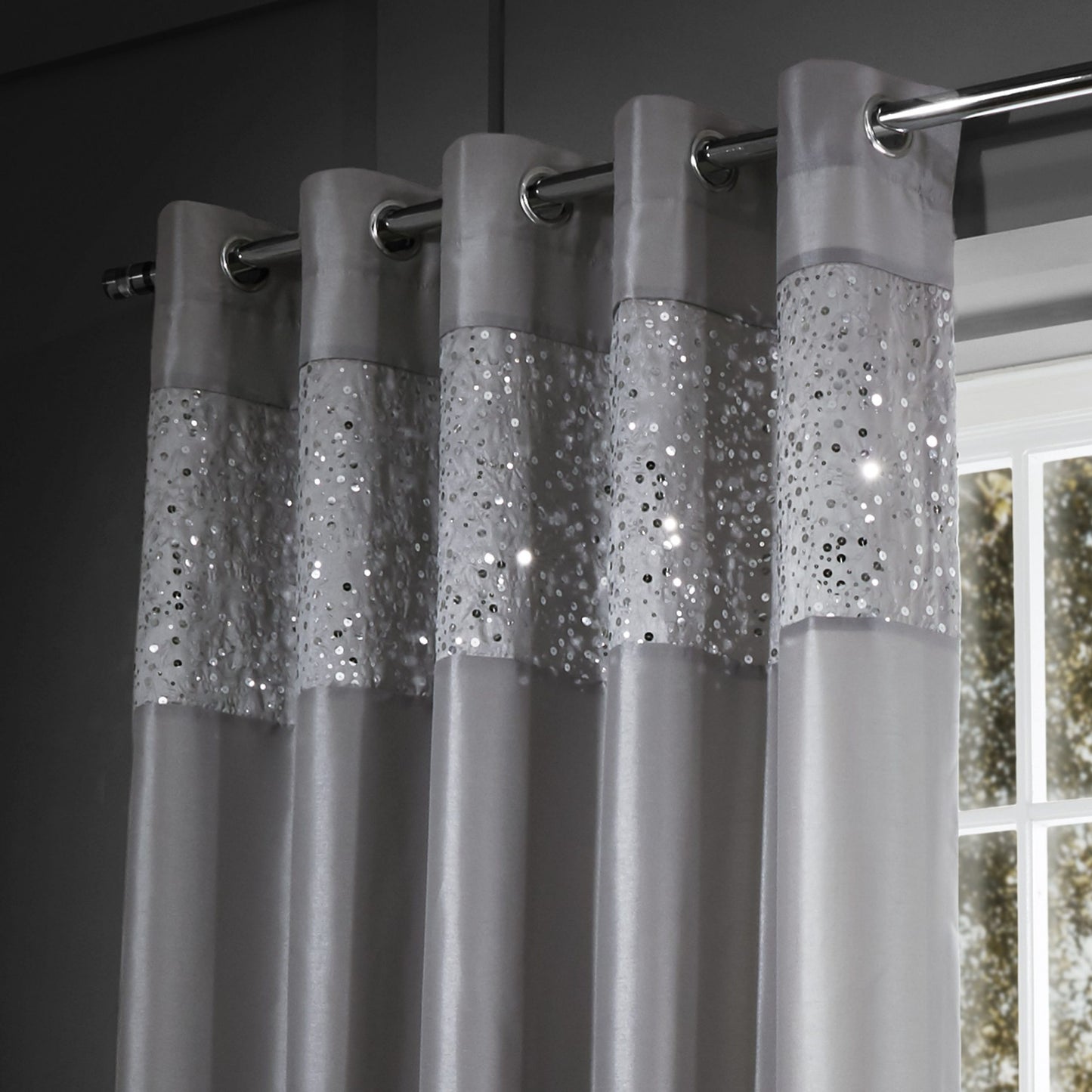 Glitzy Grey Ring Top Curtains from Catherine Lansfield-FINAL CLEARANCE PRICE