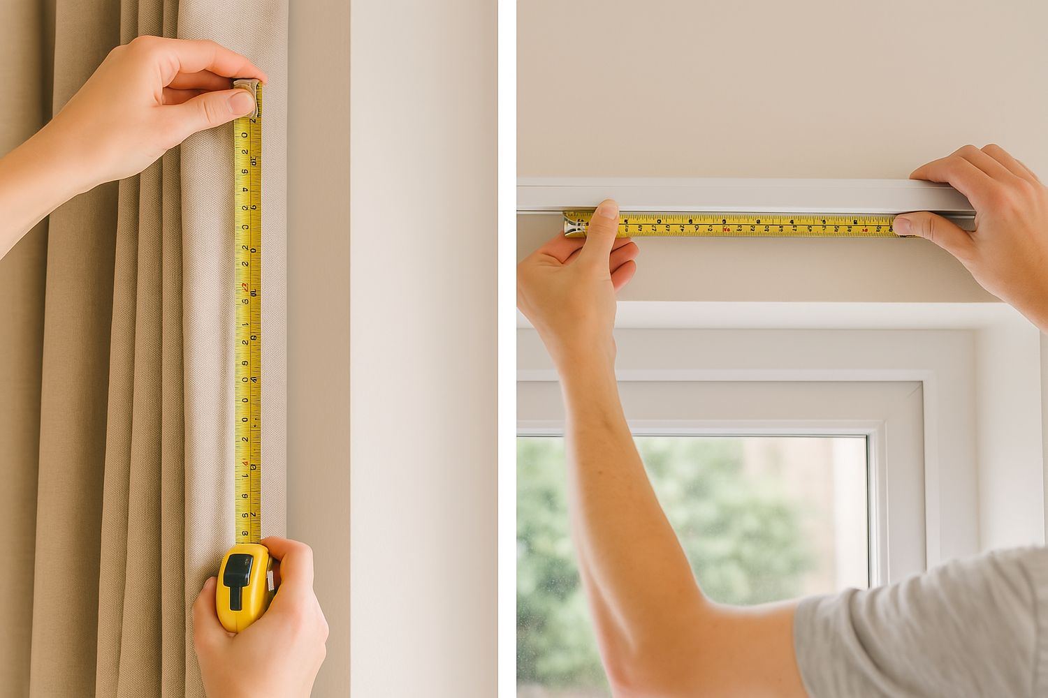 Side-by-side visual showing how to measure curtains using a curtain track and a curtain pole, with correct drop and width positioning.
