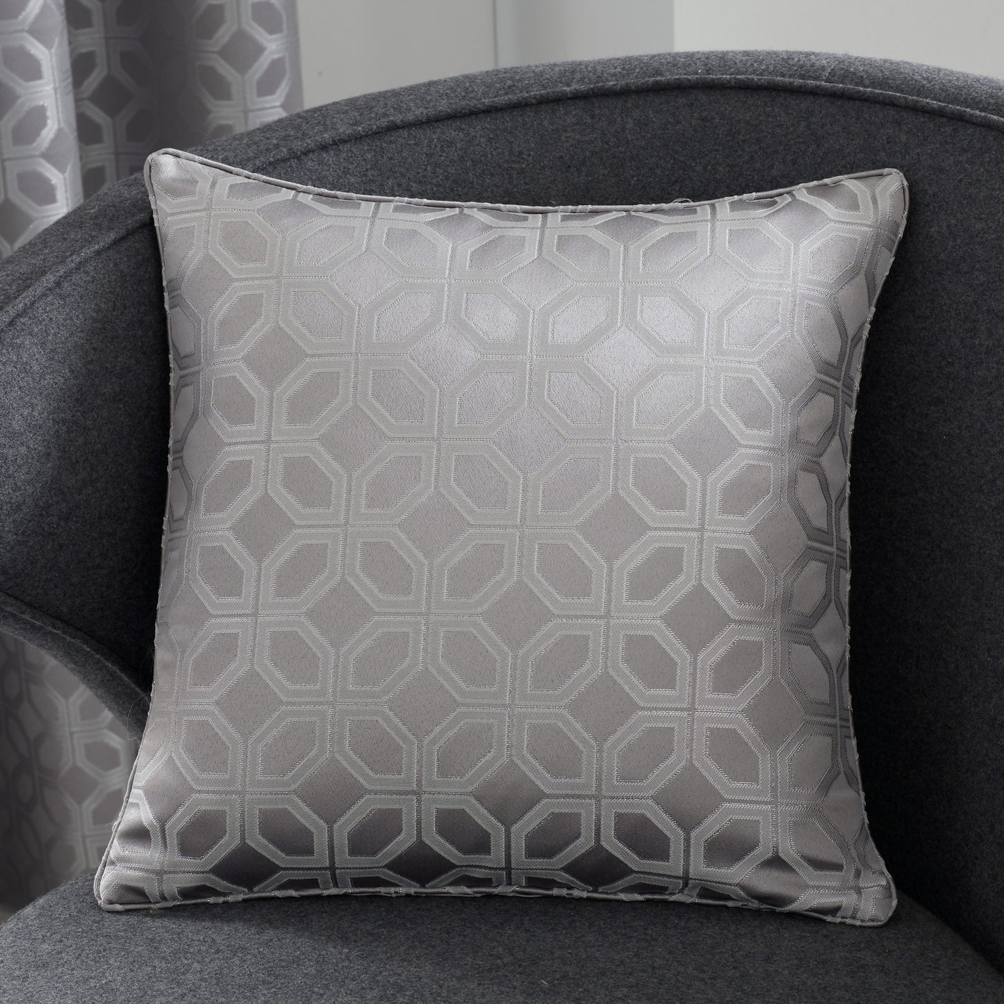 Oriental Squares Ring Top Curtains, Silver LAST CHANCE TO BUY