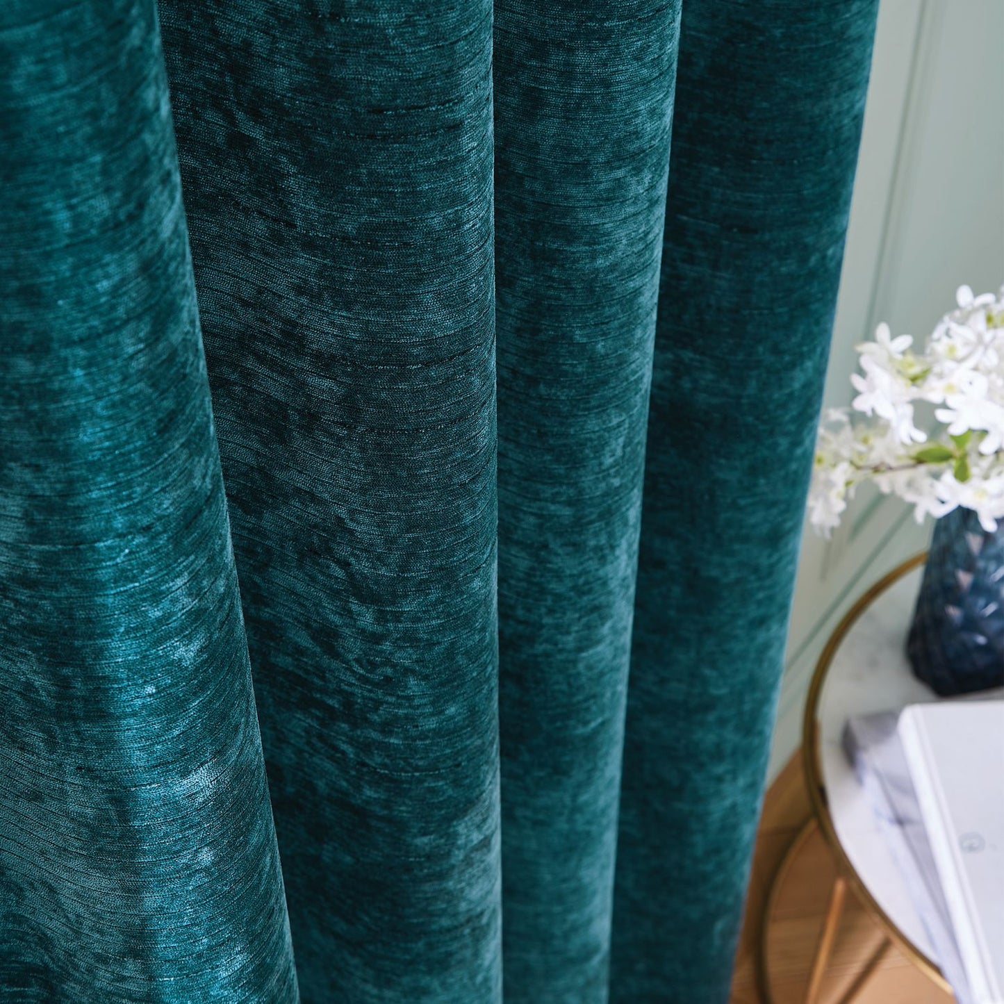 Selena Luxury Chenille Ring Top Curtains, Teal REDUCED TO CLEAR
