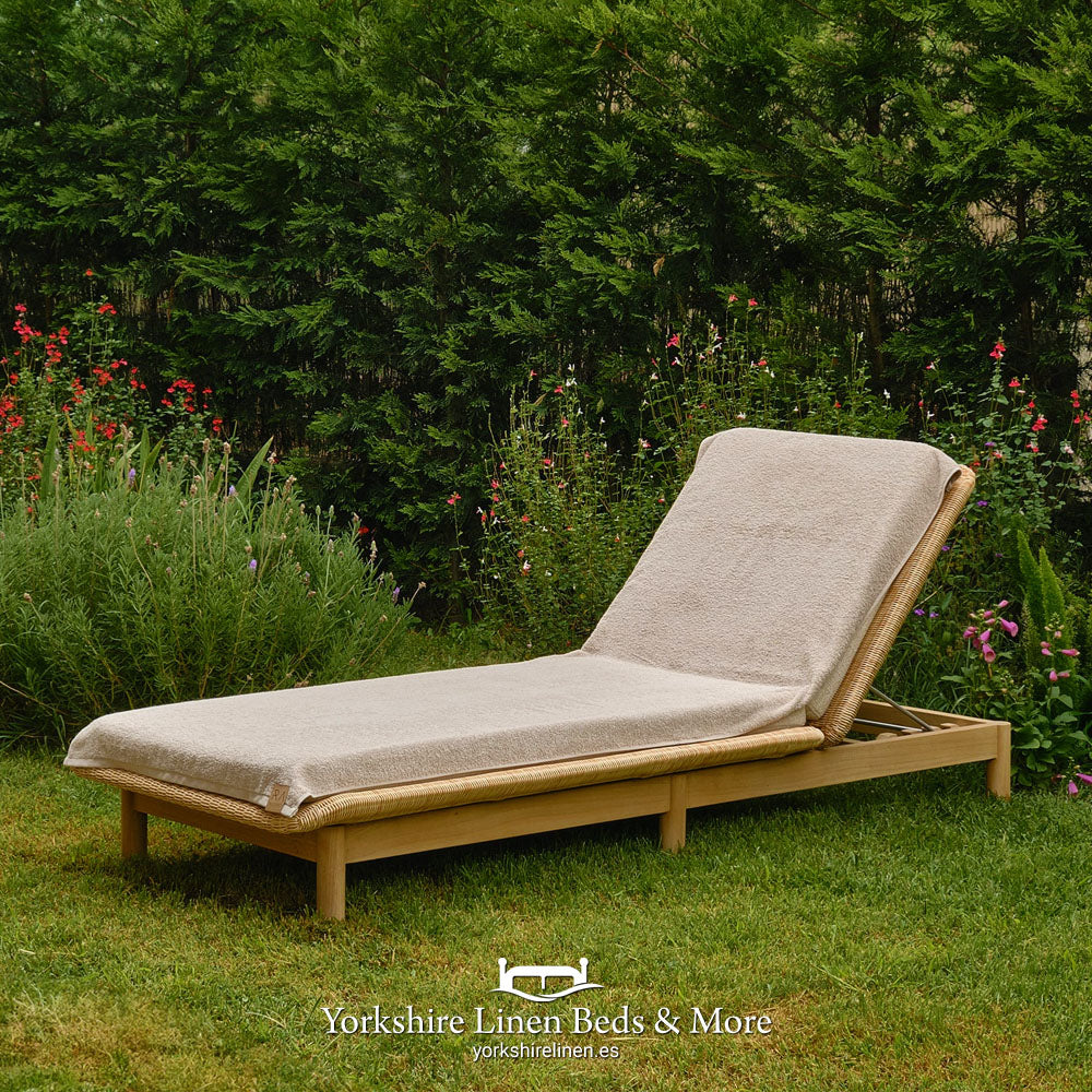 Extra-long 100% cotton sunbed towel in Almond or Aqua with integrated hood to secure to lounger - Premium pool towel - Yorkshire Linen Mijas Costa.