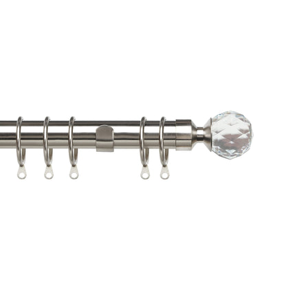 Pristine Extendible Satin Silver 28mm Curtain Poles, Crystal End