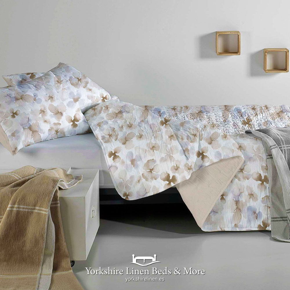 Azucar reversible lightweight bedspread with grey and beige floral pattern on white - Reversible to neutral beige - Yorkshire Linen Mijas Costa.