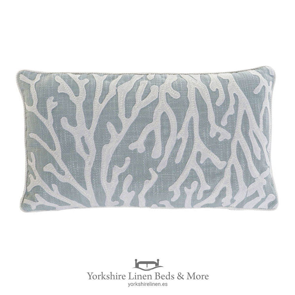 Rectangular boudoir cushion with intricate blue coral embroidery on a natural linen-style background – Beach Vibes collection – Yorkshire Linen Mijas Costa.