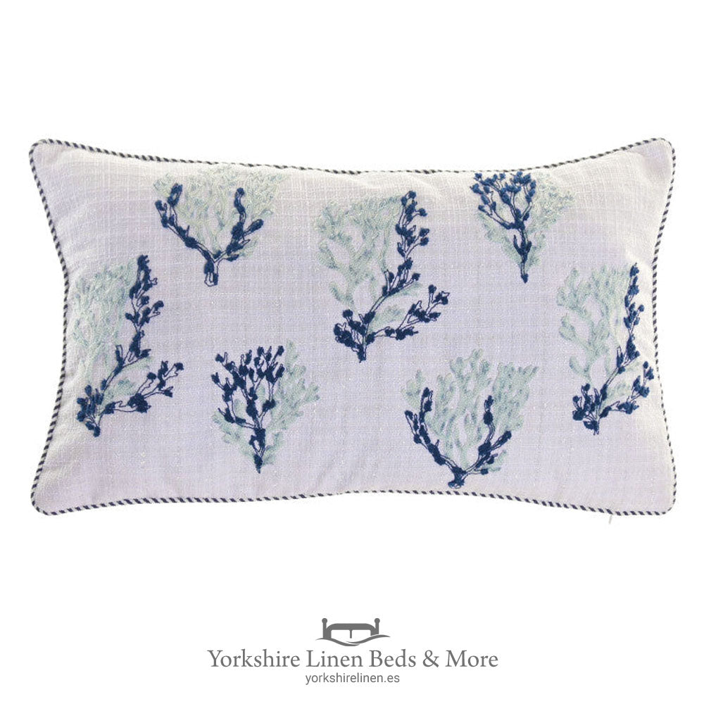 Elegant rectangular boudoir cushion with white embroidered coral branch on a natural linen-style background – Beach Vibes collection – Yorkshire Linen Mijas Costa.