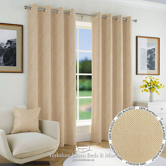 Chester Eyelet 100% Blackout Curtain Pair, Natural - Curtains & Voiles - Yorkshire Linen Beds & More