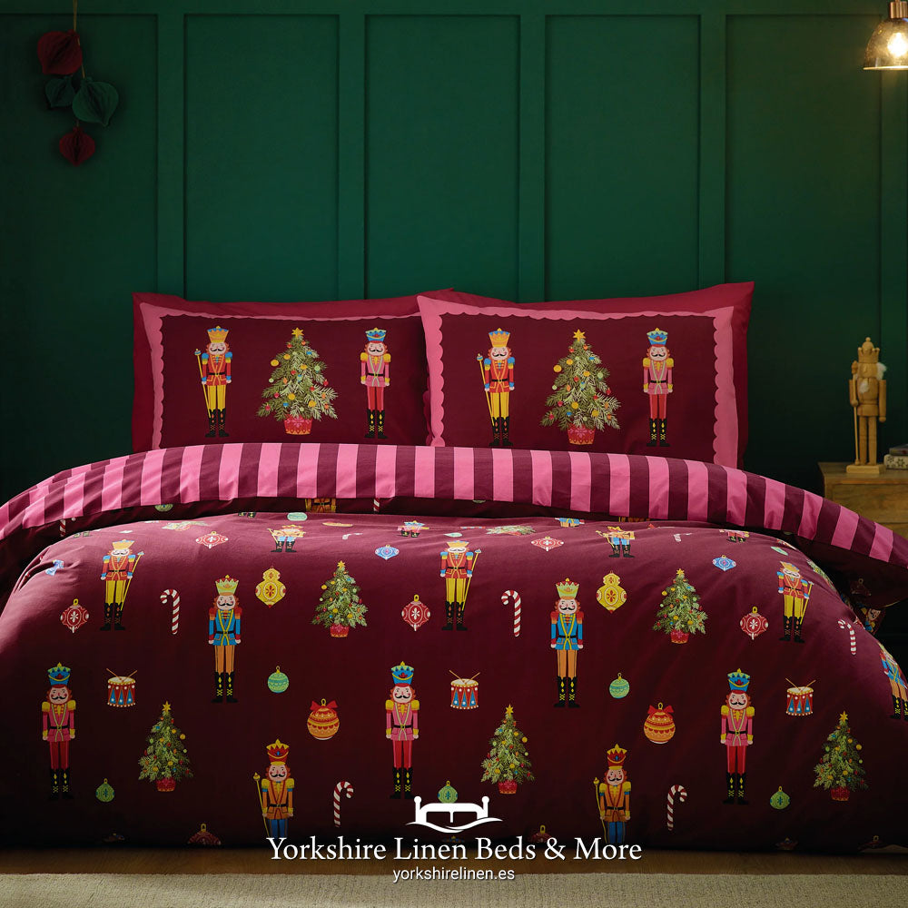 Christmas Nutcracker Stripe, Burgundy - Christmas Bed Linen - Yorkshire Linen Beds & More, Mijas Costa, Spain