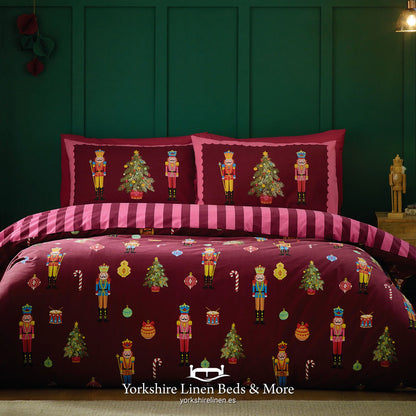 Christmas Nutcracker Stripe, Burgundy - Christmas Bed Linen - Yorkshire Linen Beds & More, Mijas Costa, Spain
