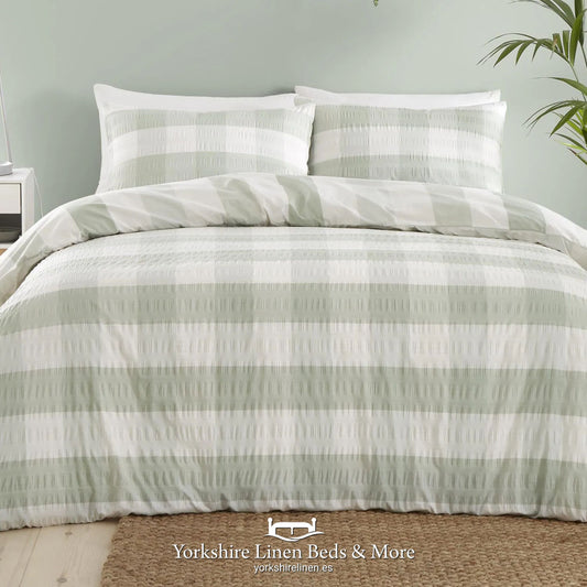 Gingham Check Seersucker Duvet Set, Green - Duvet Covers & Sets - Yorkshire Linen Beds & More