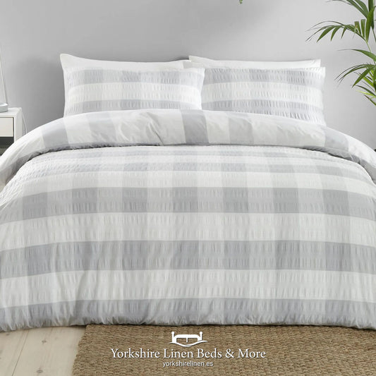 Gingham Check Seersucker Duvet Set, Silver - Duvet Covers & Sets - Yorkshire Linen Beds & More
