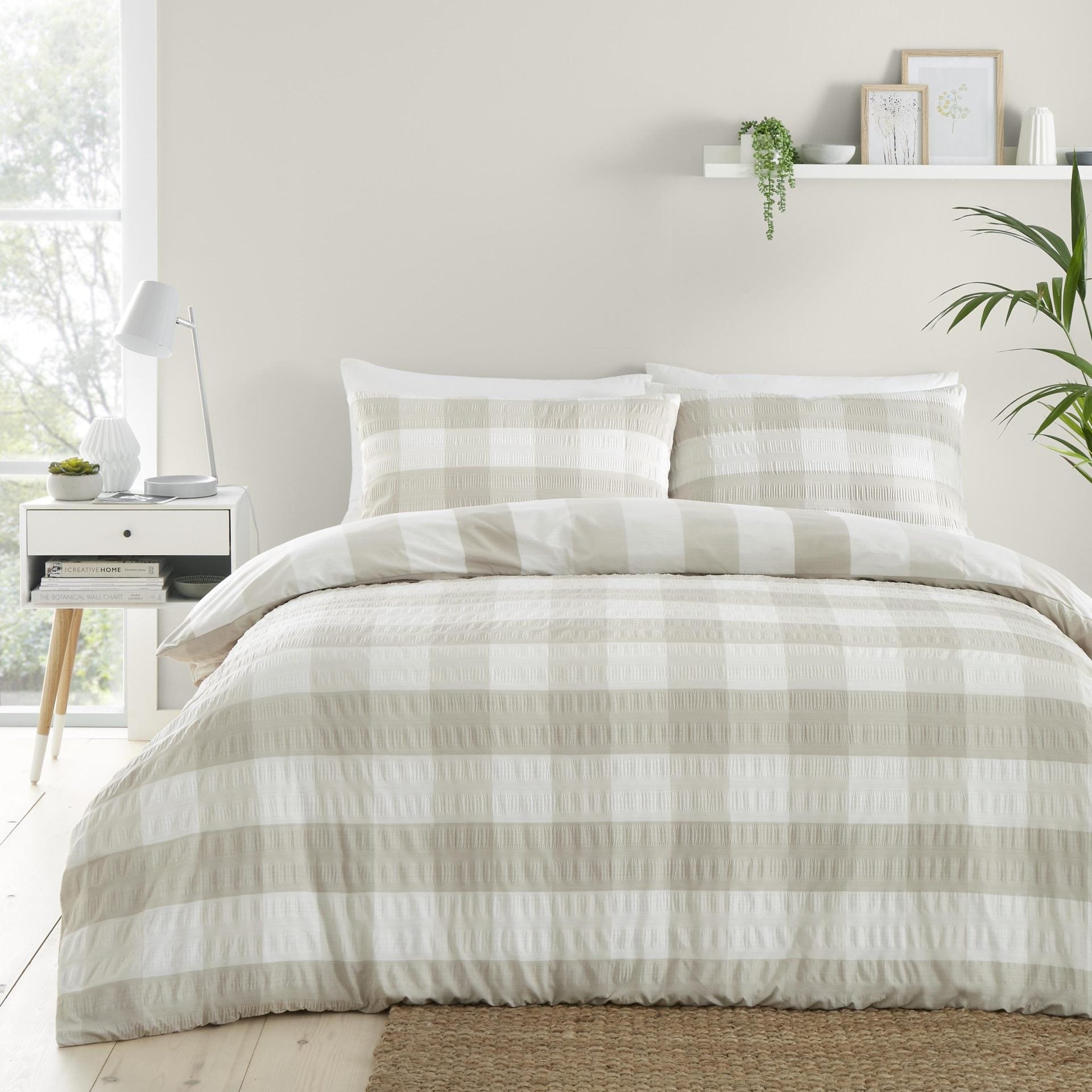 Gingham Check Seersucker Duvet Set, Beige. SALE
