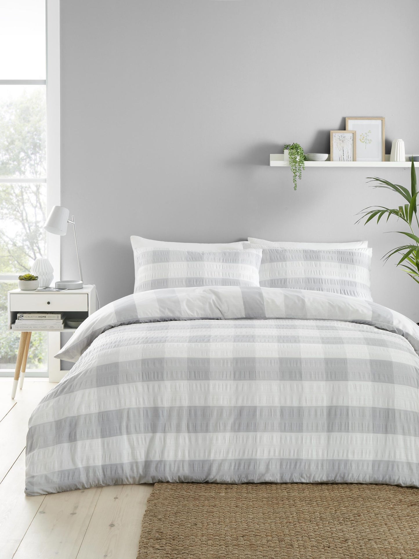 Gingham Check Seersucker Duvet Set, Silver.