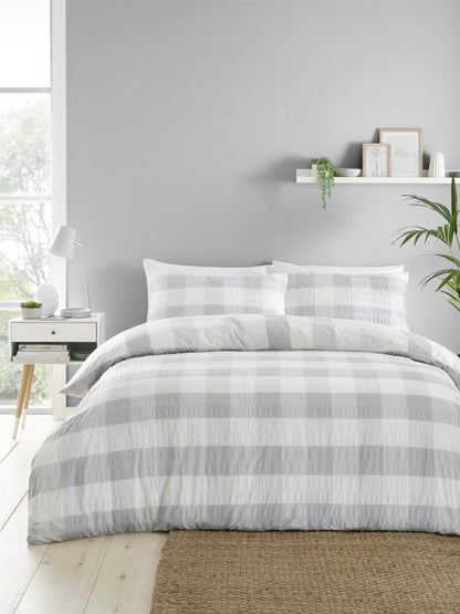 Gingham Check Seersucker Duvet Set, Silver.