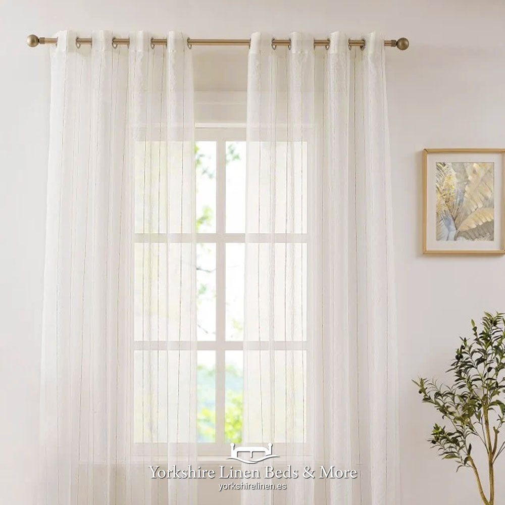 Linen Stripe Eyelet Voile Panels 5372, Natural - Curtains & Voiles - Yorkshire Linen Beds & More