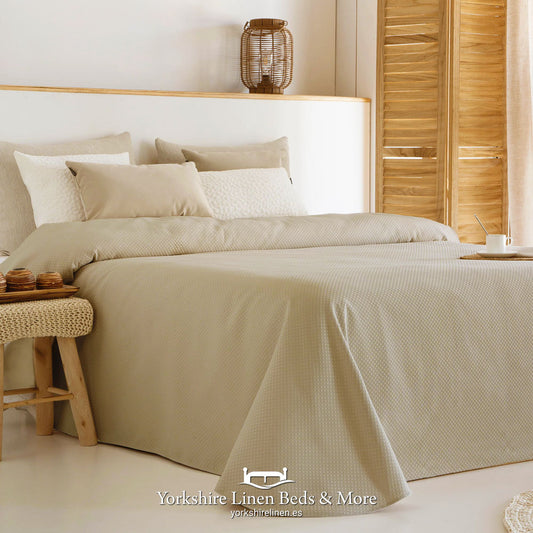 Luxury Lionel Jacquard bedspread in Taupe – Geometric woven pattern lightweight Bouti – Yorkshire Linen Mijas Costa.