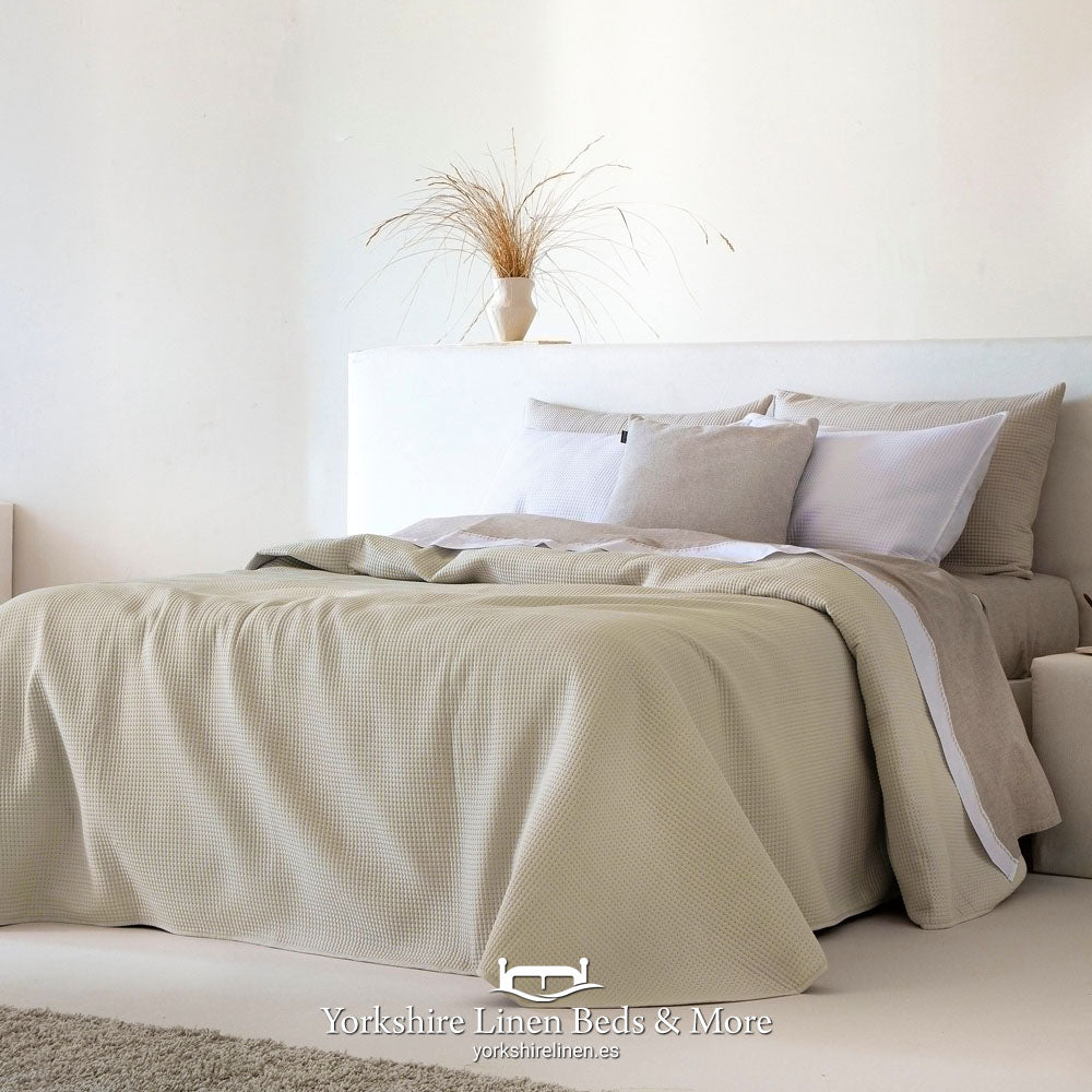 Neutral beige and sand striped lightweight bedspread - Marina collection - Yorkshire Linen Mijas Costa.