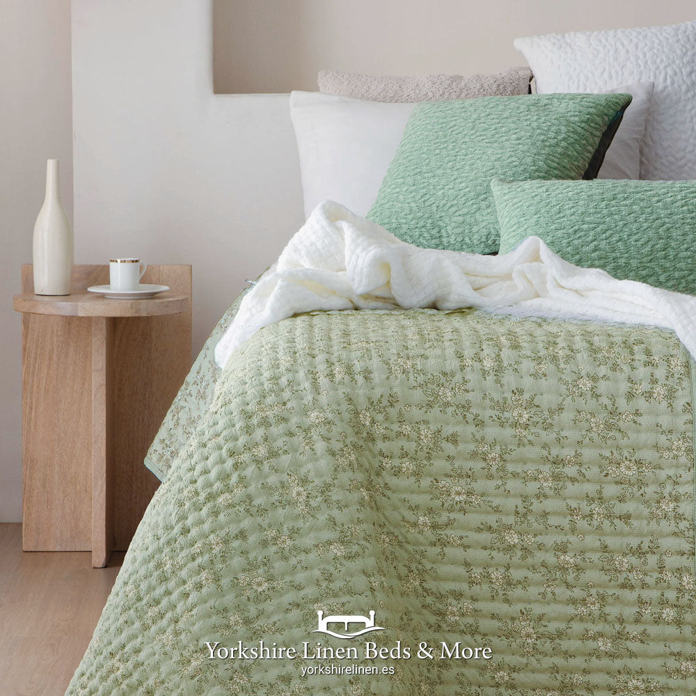 Melody floral lightweight bedspread in sage green and white - Classic botanical print - Yorkshire Linen Mijas Costa.