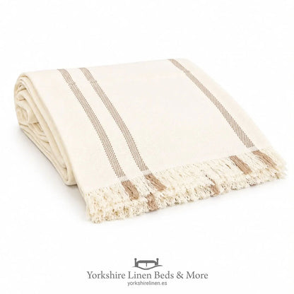 New England Stripe Cotton Throws, Beige - Bedspreads, Throws & Runners - Yorkshire Linen Beds & More, Mijas, Spain
