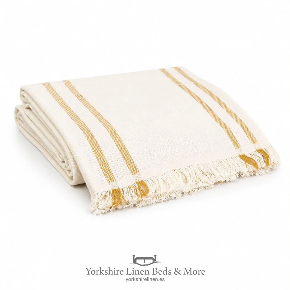 New England Stripe Cotton Throws, Ochre - Bedspreads, Throws & Runners - Yorkshire Linen Beds & More, Mijas, Spain