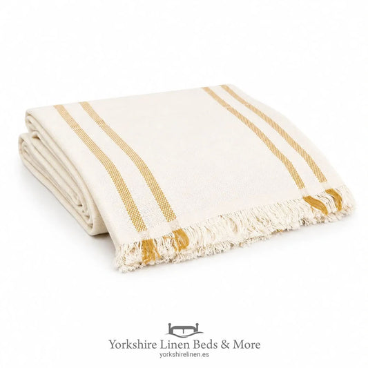 New England Stripe Cotton Throws, Ochre - Bedspreads, Throws & Runners - Yorkshire Linen Beds & More, Mijas, Spain
