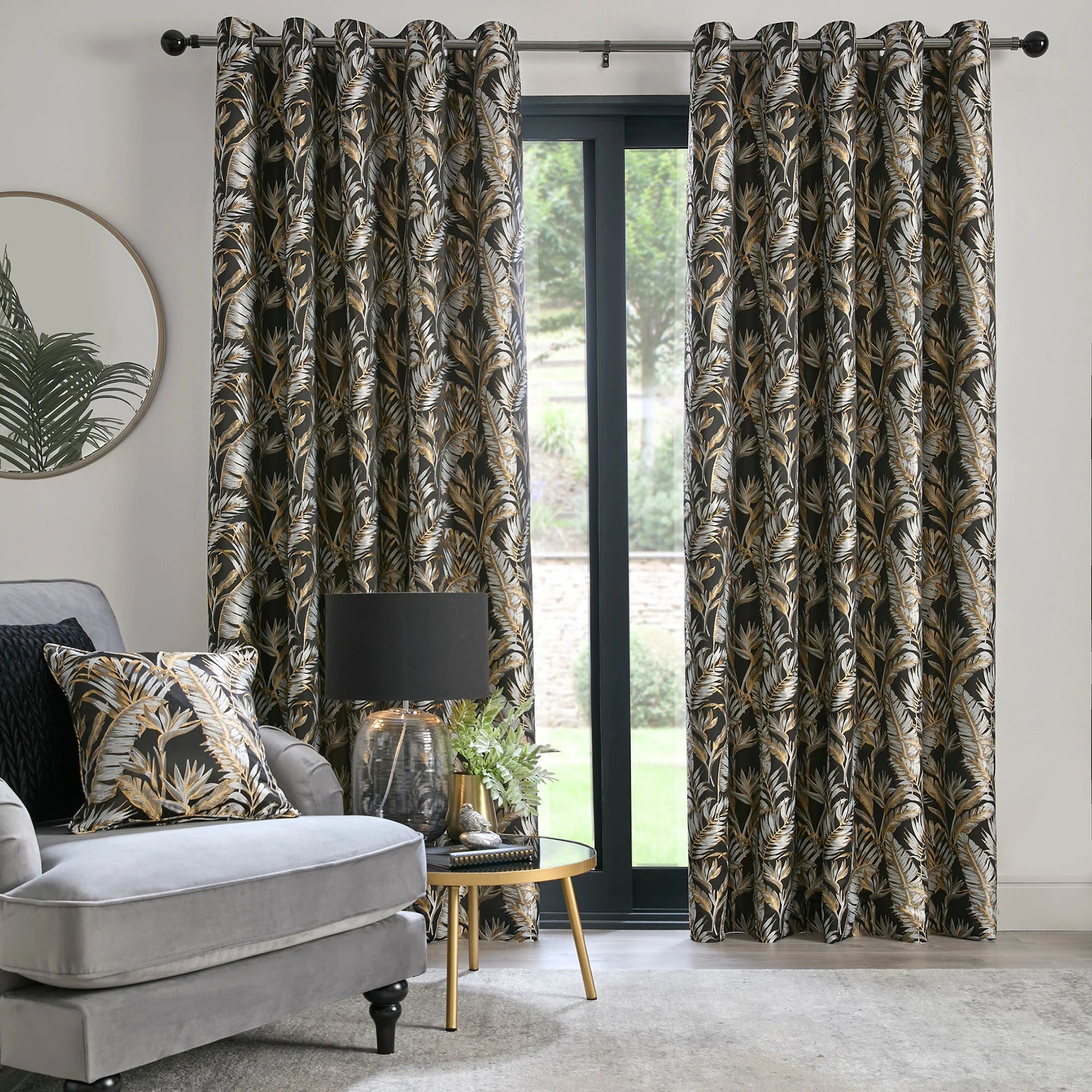 Paradise Palm Eyelet Curtains, Black SUMMER SALE !