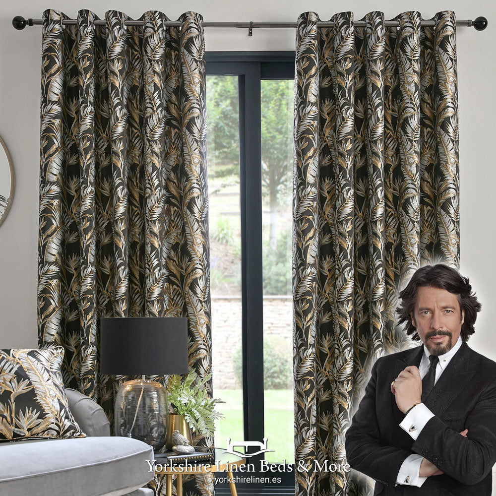 Paradise Palm Eyelet Curtains, Black - Curtains & Voiles - Yorkshire Linen Beds & More