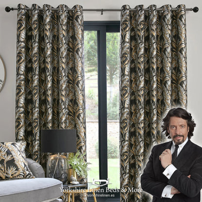 Paradise Palm Eyelet Curtains, Black - Curtains & Voiles - Yorkshire Linen Beds & More