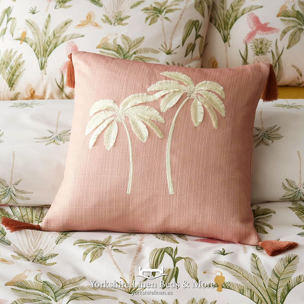 Luxury velvet cushion featuring a large embroidered gold and green tropical palm leaf on a deep jungle green background – 45x45cm – Yorkshire Linen Mijas Costa.