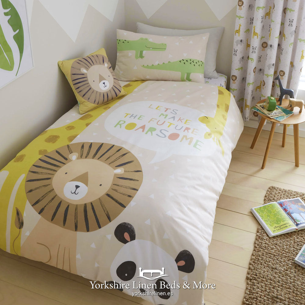 Blue and Green Dinosaur Print, Reversible Kids Bedding - Vibrant jungle animals leap across this fully reversible design, offering double the fun with different scenes on each side.