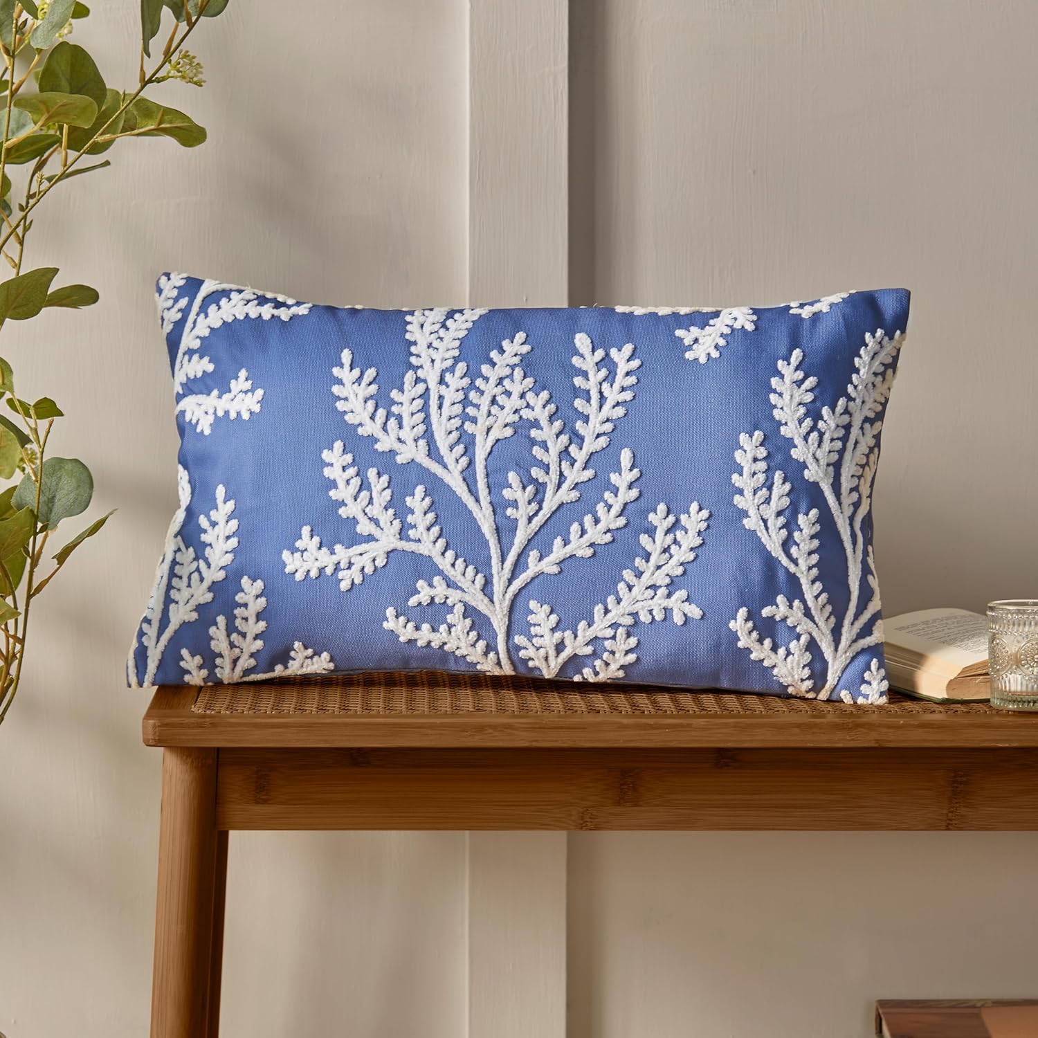 Embroidered Coral Leaf Filled Cushion