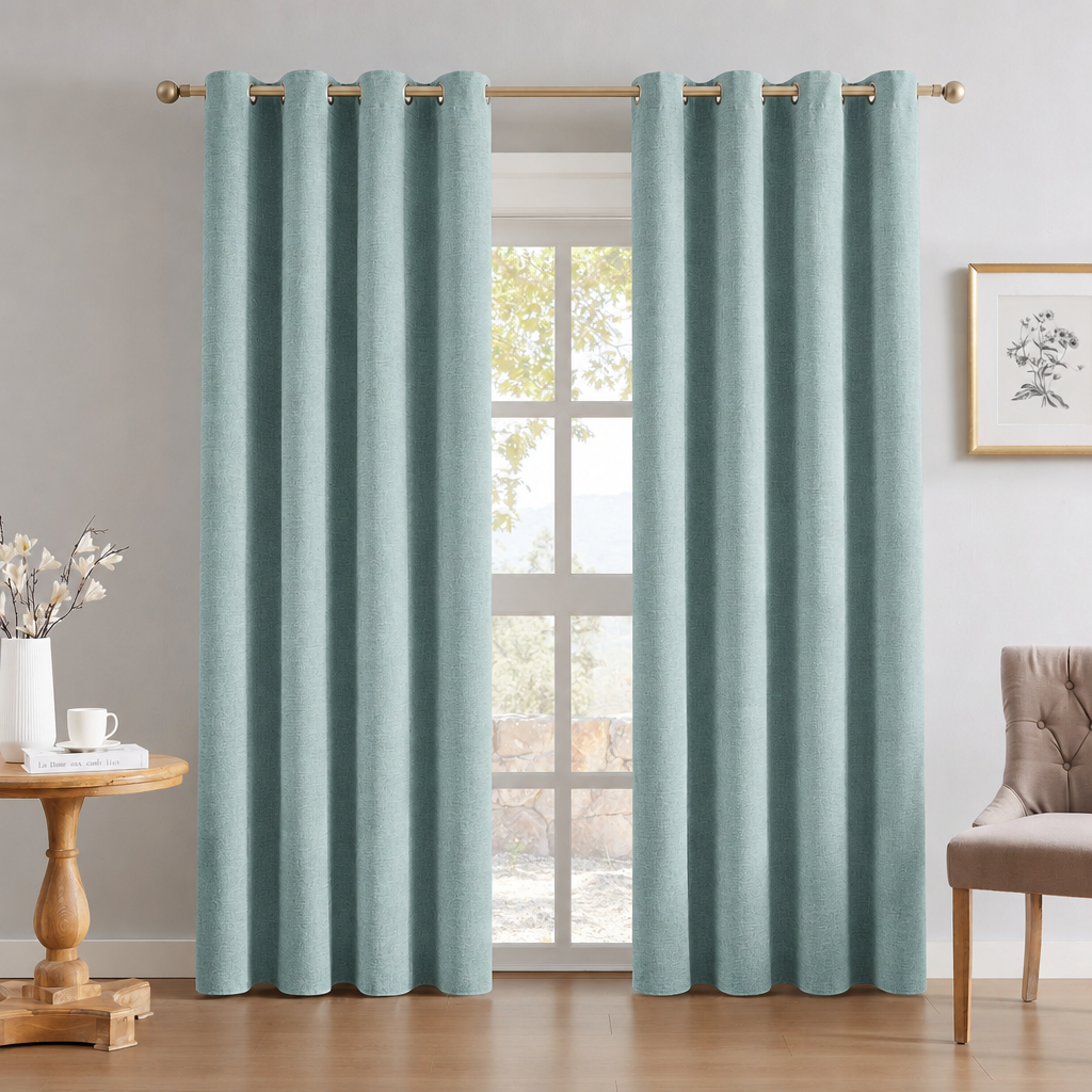 Curtains in soft turquoise blue