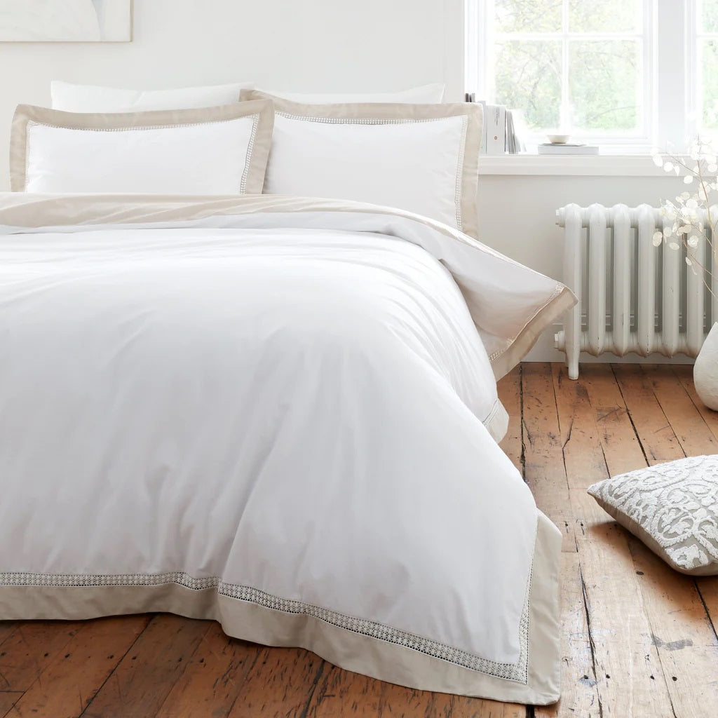 Oxford Lace Trim 100 % Cotton  Duvet Set - Natural